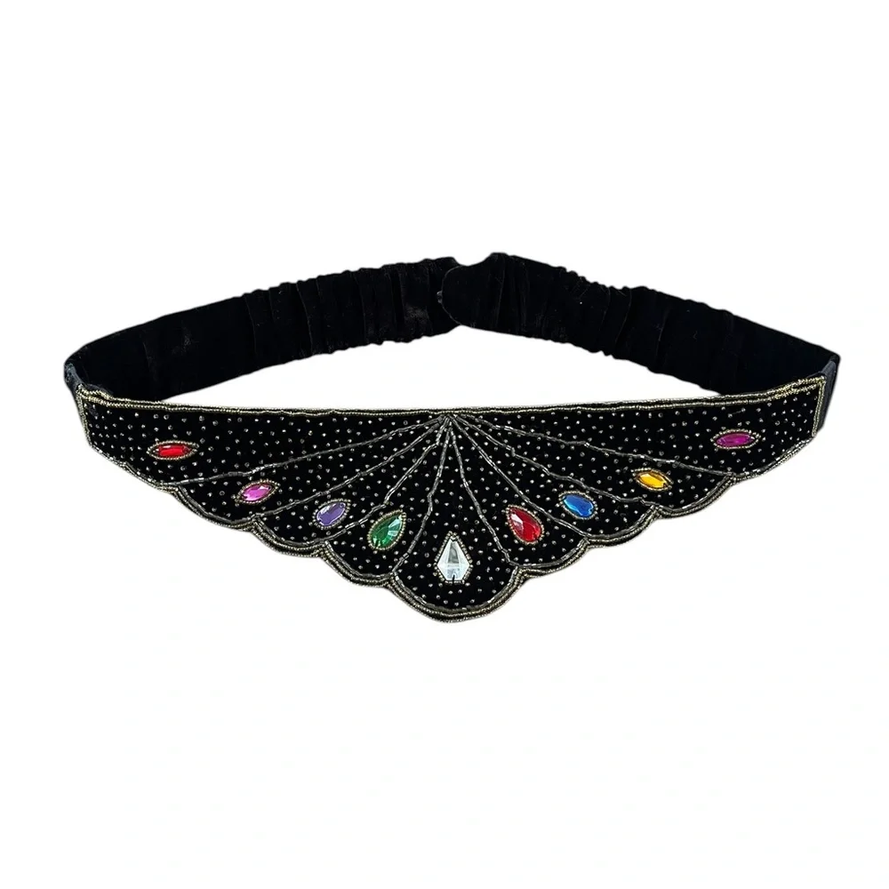 Vintage Beaded Black Elastic Jewel Tone Rhinestone Art Deco Boho Belt SZ 33